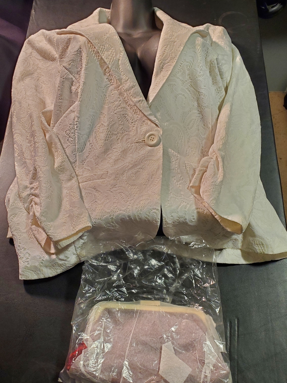 Cato White Size L Suit Blazer/ Flair Revlon Red Satin Small Purse